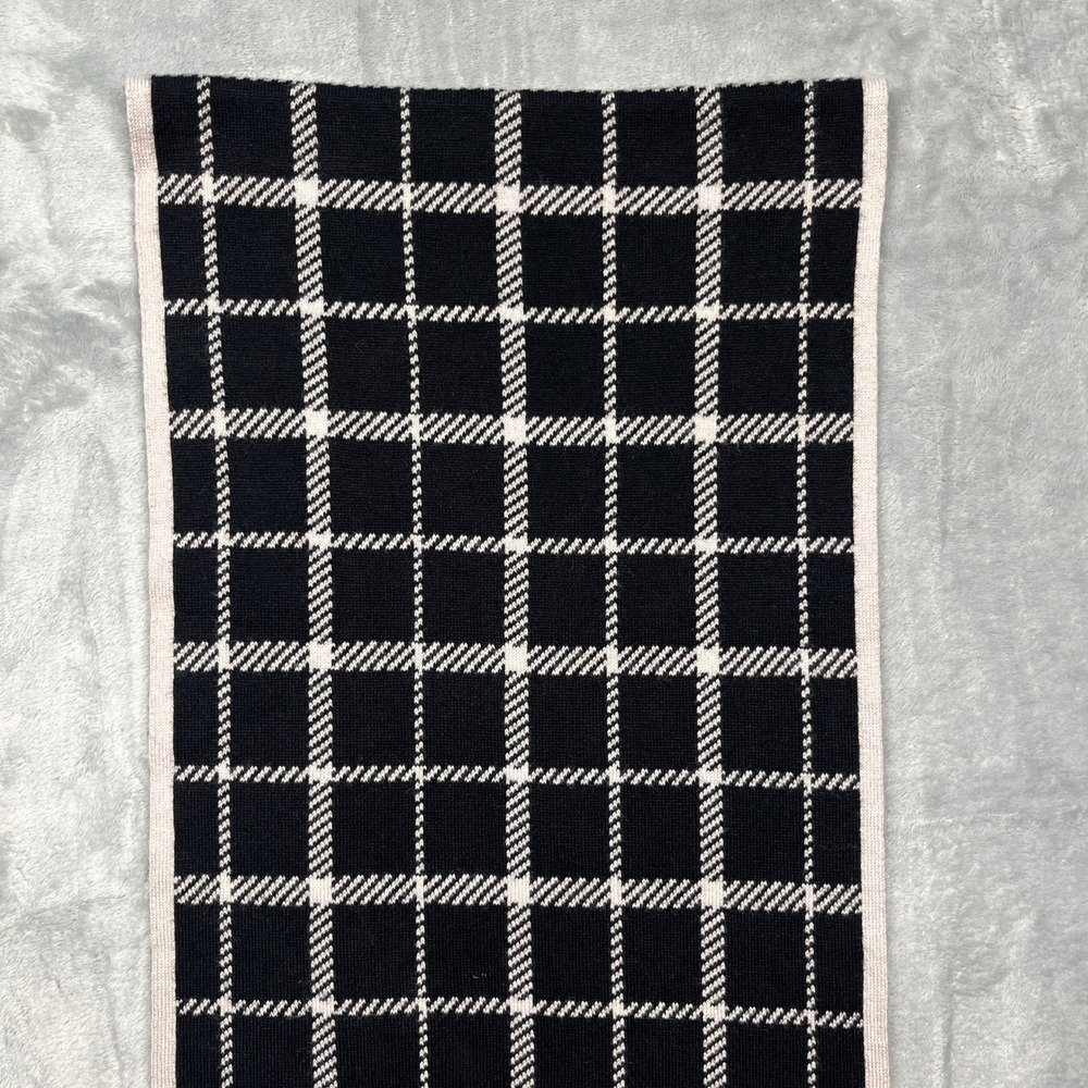 Coach Scarf Black Ivory Reversible Plaid Wool Cotton Knit Leather Logo - Picture 5 of 16